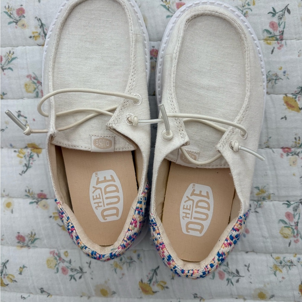 Hey Dude Cream Canvas Slip-On Shoes with Multicolor Braided Heel